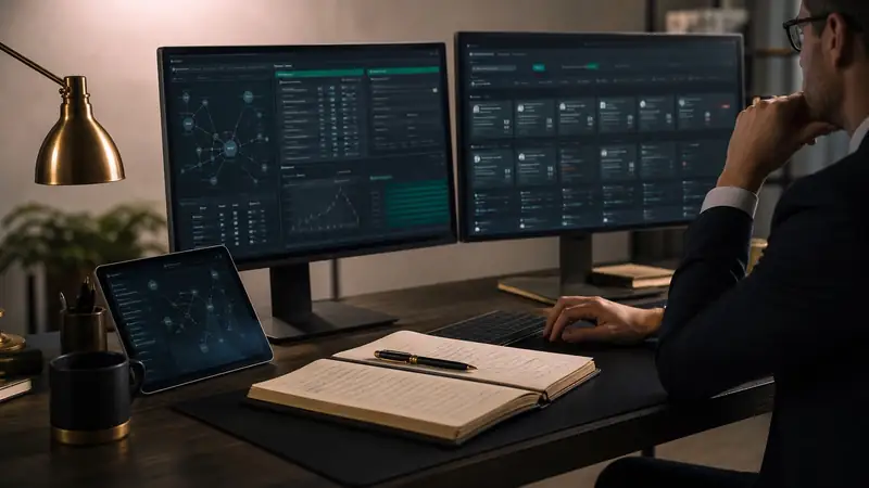 Regulated operations monitoring desk with abstract case review dashboards