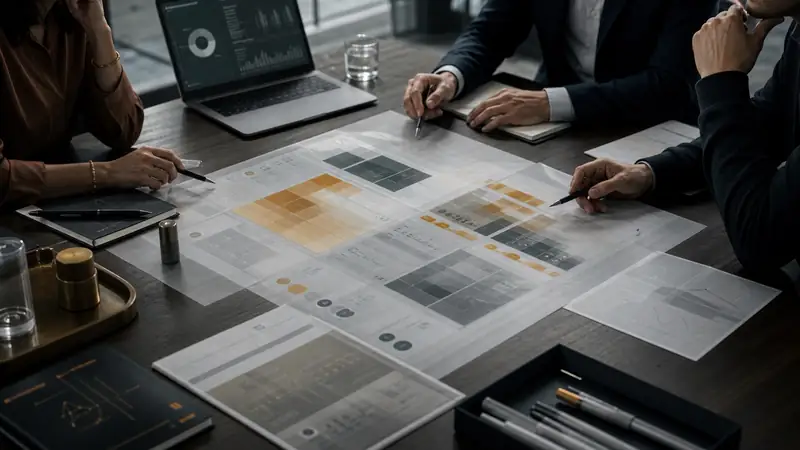 Operational diagnostic materials arranged across an executive work table
