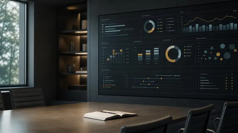 Leadership review room with operating intelligence dashboards