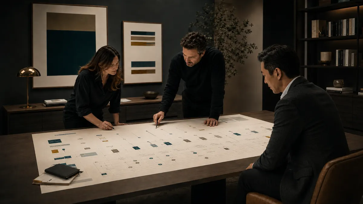 Advisory team reviewing an operating blueprint across a conference table